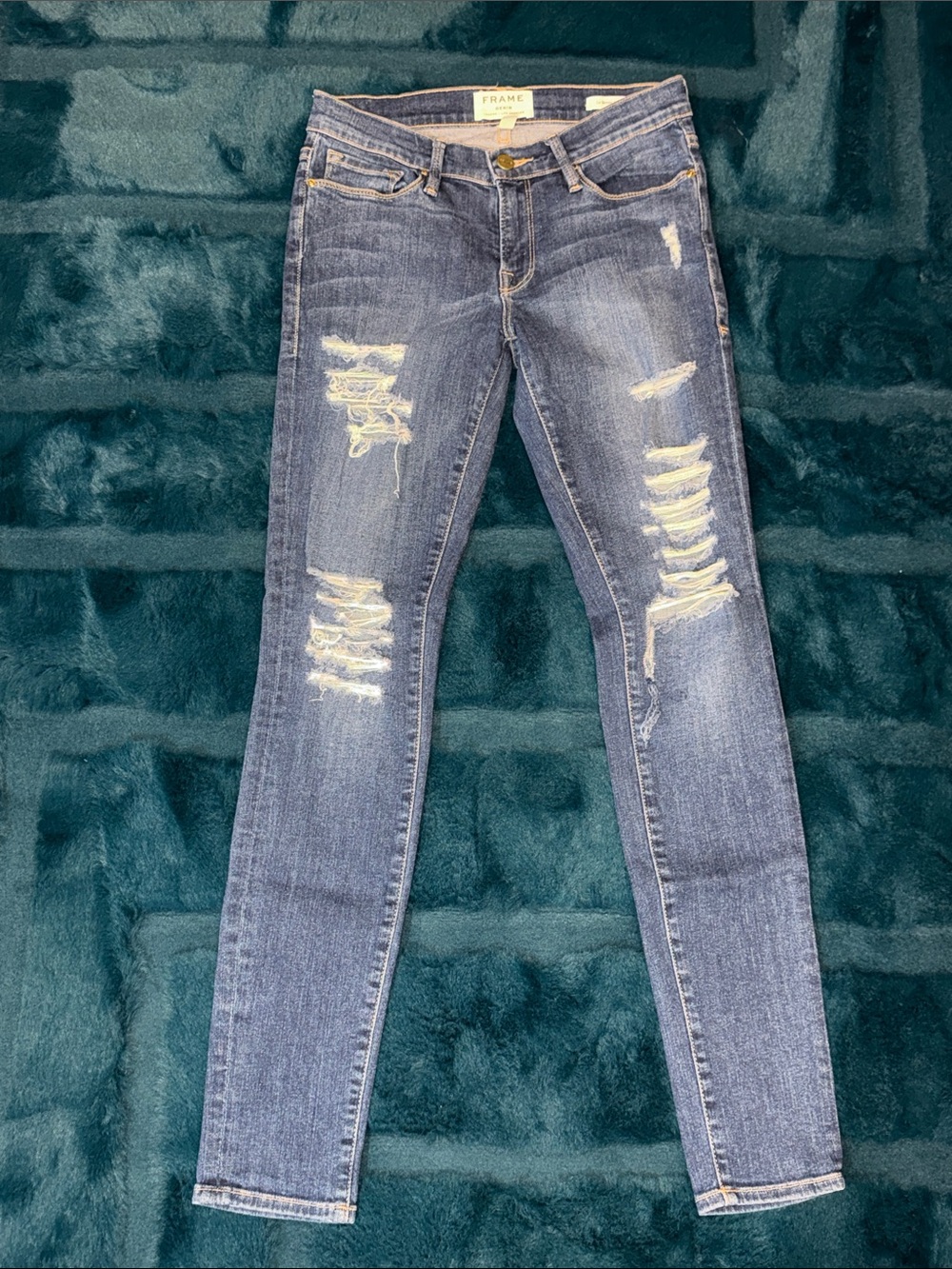 Frame Denim Skinny Distressed Mid Blue Ripped Jeans
